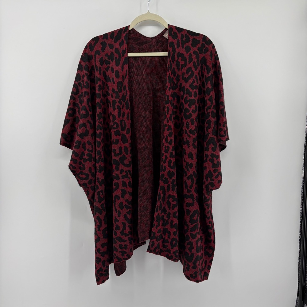 Chico's‎ Womens OS Red Black Leopard Print Open Front Poncho Wrap Knit Kimono